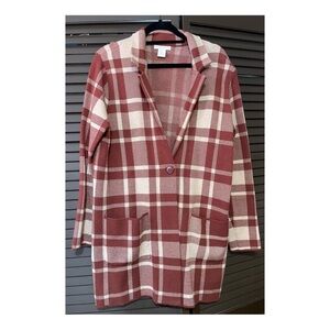 Christian Siriano Burgundy and Cream Plaid Blazer